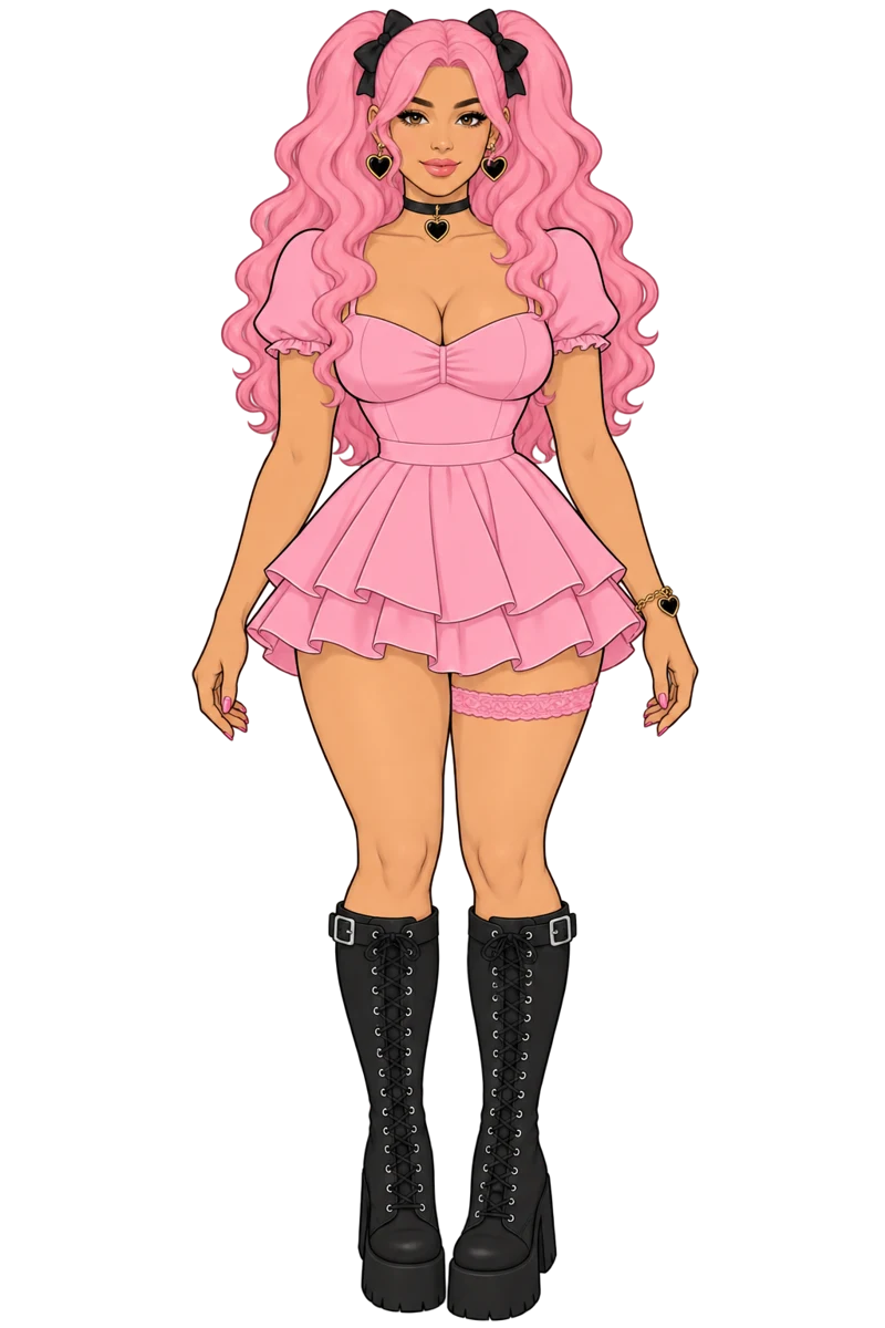 Bella’s pink outfit and black boots.