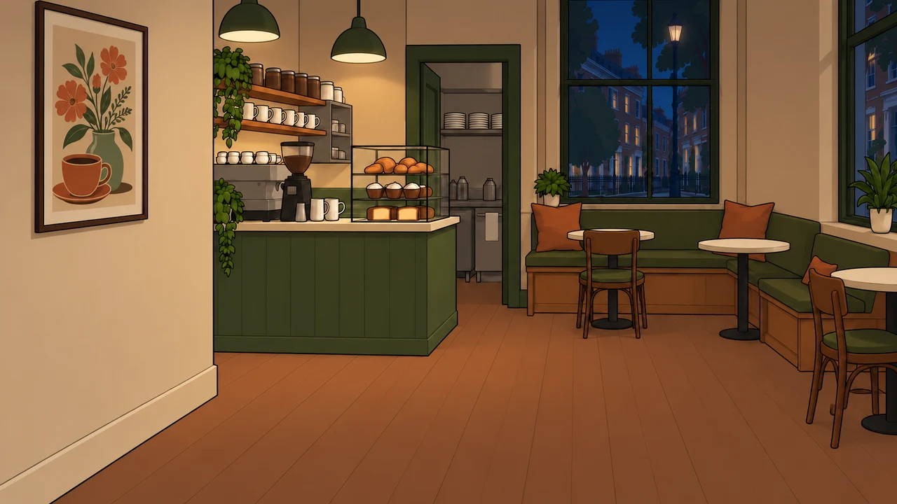 The same café with warm lamps after dark.