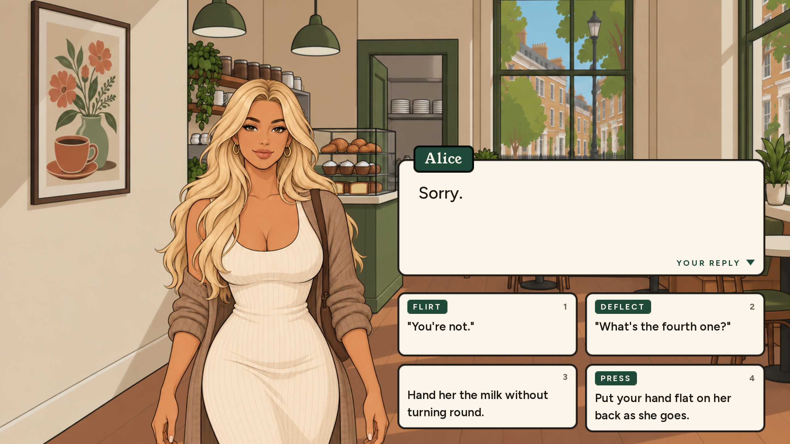 Actual gameplay: Alice at the café counter with four different ways for the player to respond.