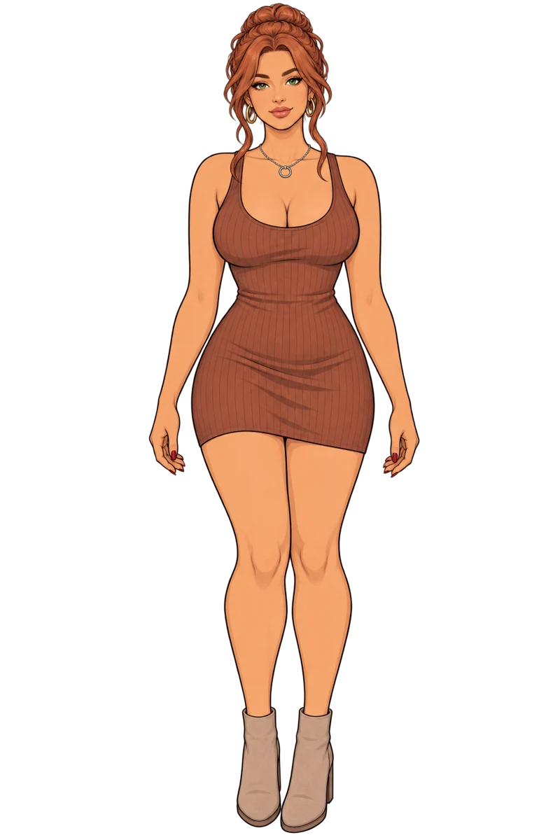 Mara in her rust-coloured dress.